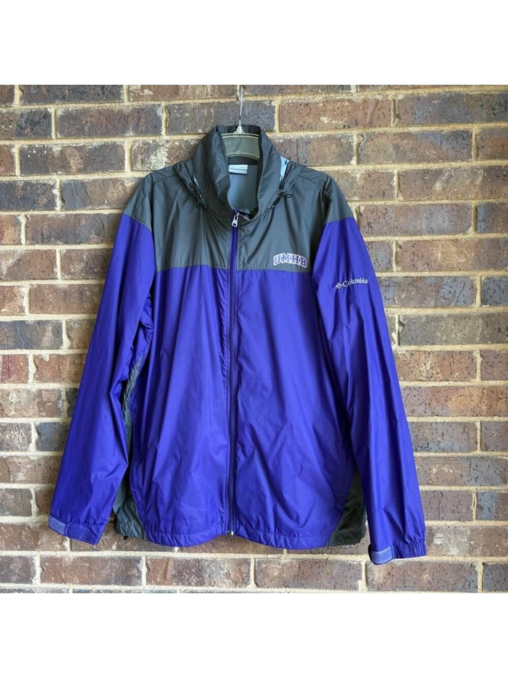 UMHB Purple Gray Columbia XL Wind Rain Jacket Packable Lightweight